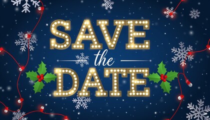 Save the date holiday announcement with illuminated marquee letters festive holly snowflakes and sparkling lights on a dark blue background
