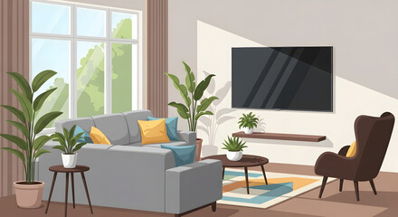 Cozy living room interior with comfortable sofa, armchair, plants, and television, bathed in natural sunlight