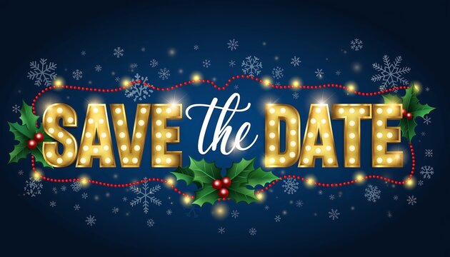 Festive save the date announcement with glowing marquee lights holly berries and snowflakes on a dark blue background