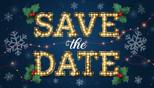 Festive illuminated marquee letters spelling save the date with snowflakes and holly for holiday event invitations