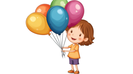 Cute Cartoon Girl Wearing Party Hat, Holding Rattle, with Balloons - Vector Illustration