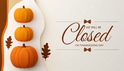 Autumnal closed sign featuring three miniature pumpkins and decorative fall leaves on a white background
