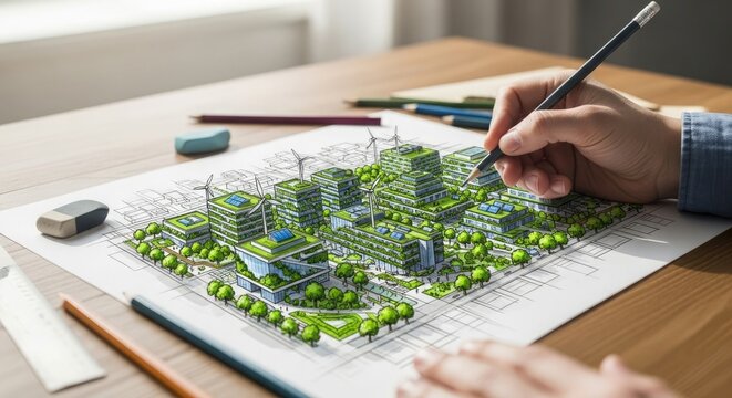 Architectural sketch showcases a sustainable city design with green buildings renewable energy sources like wind turbines and solar panels integrated into the urban landscape promoting eco friendly l