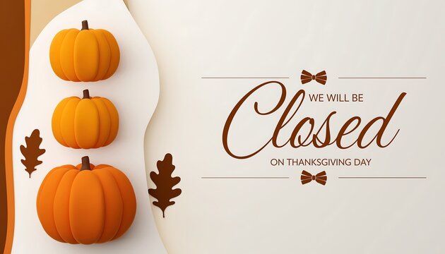 Autumnal closed sign featuring three miniature pumpkins and decorative fall leaves on a white background
