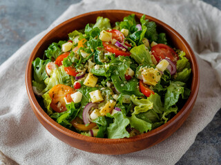 Wooden bowl filled with green salad of lettuce, peas and herbs on linen cloth over marble surface, side view in soft natural light for menu use.