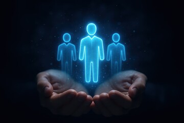 Glowing hologram people above hands symbolizing leadership teamwork and digital vision