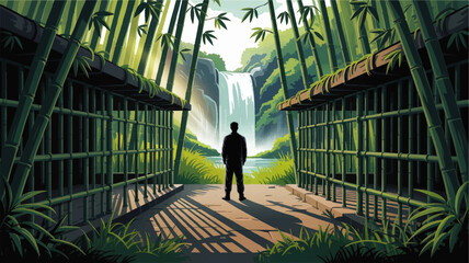Tranquil Bamboo Forest Pathway with Silhouette Man and Waterfall, Serene Nature Landscape Vector Illustration