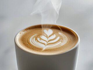 Steaming latte with heart pattern latte art in a white mug on light surface, closeup in soft natural light, coffee beverage styled for cafe menus.