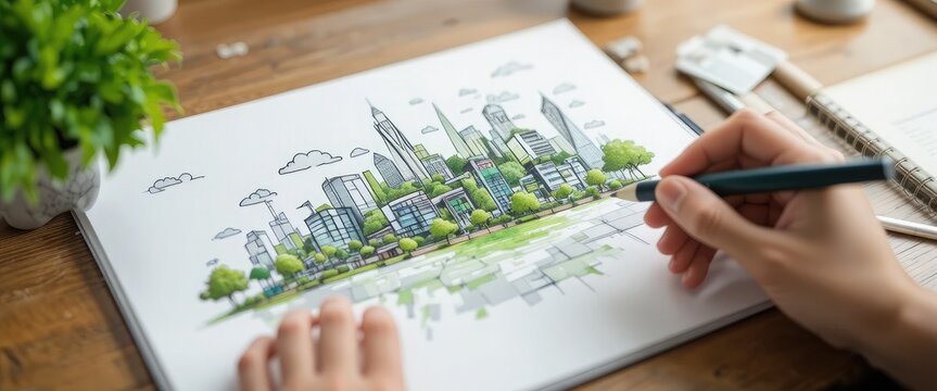 Cityscape drawing shows a hand sketching an urban skyline with buildings trees and architectural details on paper suggesting creative design planning and future development vision for city growth and - Powered by Adobe