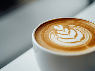 Steaming latte with heart pattern latte art in a white mug on light surface, closeup in soft natural light, coffee beverage styled for cafe menus.