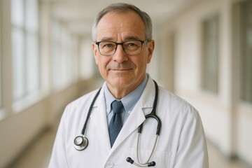 Confident mature doctor with eyeglasses smiling in bright clinic hallway portrait