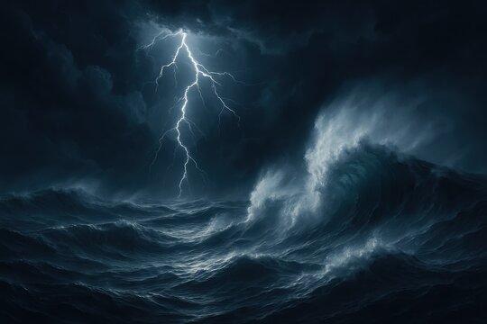 Dark stormy ocean at night towering waves lightning streaks dramatic moody seascape