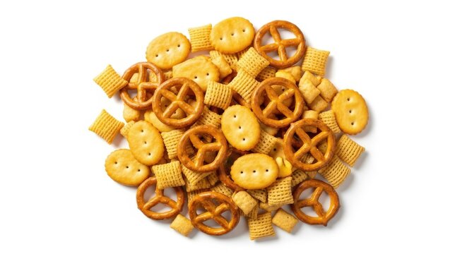 Pile of assorted savory snack mix with pretzels crackers and cheese flavored pieces