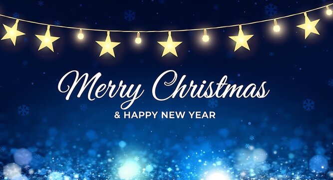Sparkling merry christmas and happy new year greeting with glowing star shaped string lights against a dark blue bokeh background