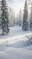 Obraz premium Majestic Winter Forest Landscape with Sun-kissed Snow, Frosty Evergreens, and a Frozen Stream, Evoking a Serene and Peaceful Snowy Wonderland.