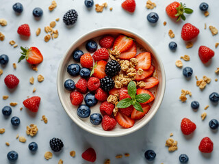 Bowl of mixed berries and granola on pale surface with scattered fruit around, top view in soft natural light, breakfast styling for food branding.