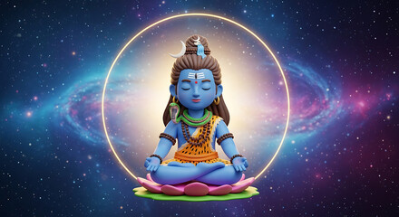 A cute cartoon 3D rendering of Lord Shiva meditating peacefully on a lotus flower in a cosmic galaxy background with stars and nebulae.