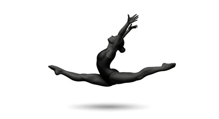 A silhouette of a female gymnast performing a dynamic split leap in mid-air against a white background.