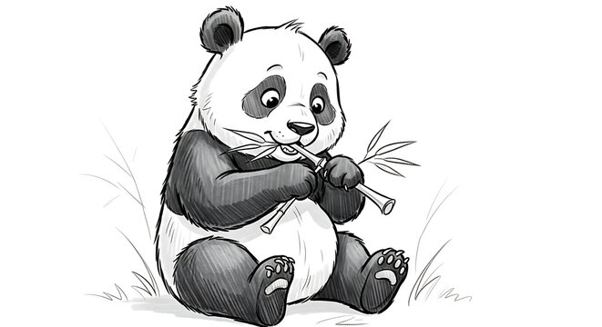 A cute baby panda cub sitting and happily eating bamboo shoots in a grassy field, black and white sketch illustration.