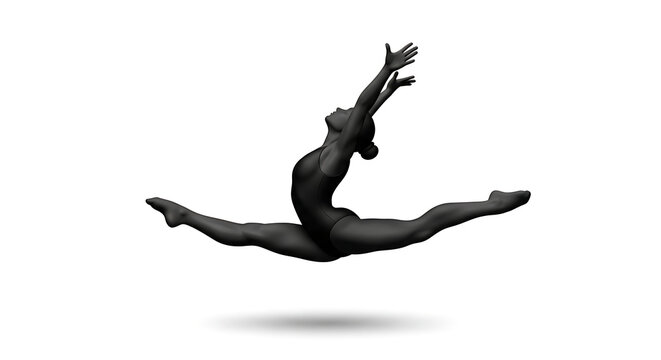 A silhouette of a female gymnast performing a dynamic split leap in mid-air against a white background. - Powered by Adobe