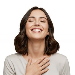 Fototapeta premium Happy young woman with hand on chest, exhaling with relief and satisfaction