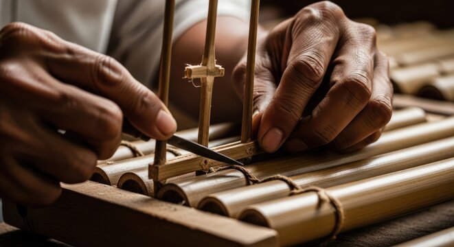 Close-up of hands assembling bamboo blinds with a