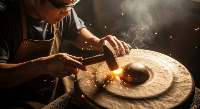 Man in apron shaping metal on an anvil with