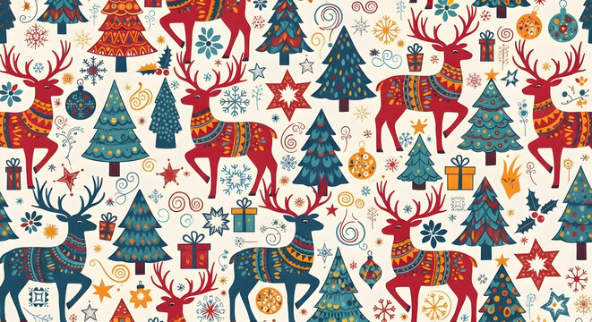 Delightful Christmas pattern with festive reindeer, trees, gifts, and snowflakes for wrapping paper, holiday cards, and winter season crafts with charming folk art.