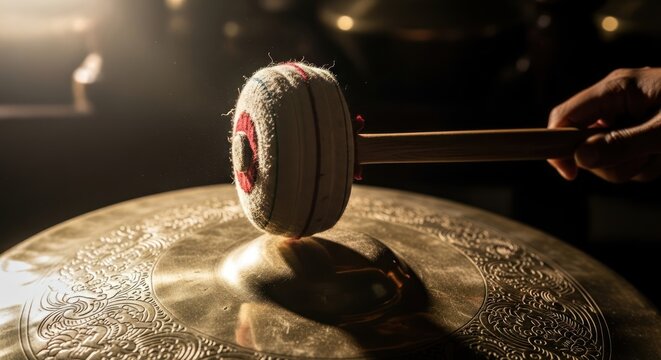 Close-up of a hand hitting a gong with a mallet