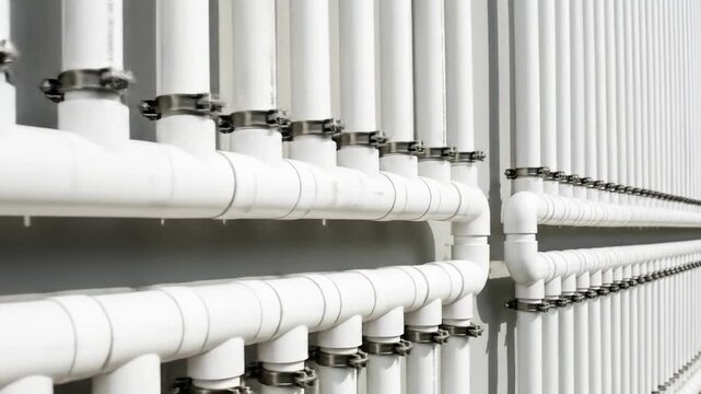 Rows of white pipes and fittings, arranged in a structured system against a pale gray wall
