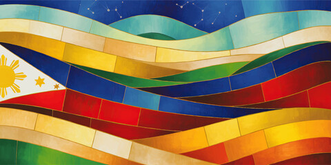 Abstract Philippine Flag Colors Wave Pattern – Modern Vibrant Filipino Culture Art, Constellation Night Sky Background