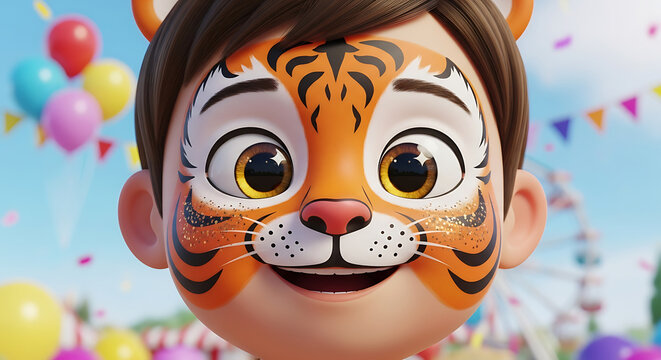 Close-up of a happy cartoon child with a vibrant tiger face paint at a festive outdoor carnival event with balloons and rides in the background. - Powered by Adobe