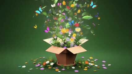 A vibrant explosion of colorful spring flowers, lush green leaves, and beautiful butterflies bursting forth from an open cardboard box, symbolizing growth and creativity