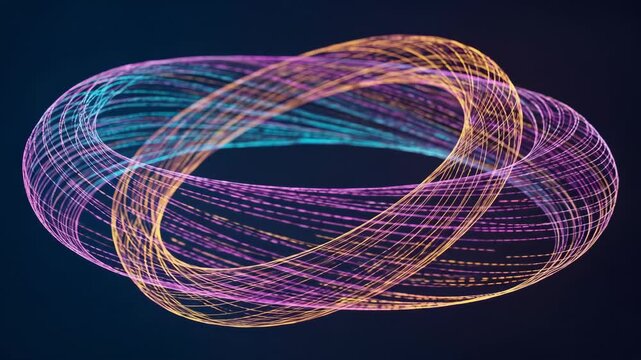 Abstract glowing torus shape made of intertwined colorful light trails against a dark background