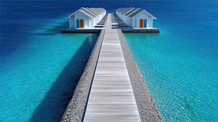 Obraz premium Vivid Aerial View of White Overwater Huts with Orange Doors on Turquoise Water Accessed by Wooden Boardwalk