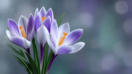 Delicate Purple Spring Crocus Flowers With Green Stems And Orange Centers Bloom On A Soft Blurry Background With Bokeh Lights