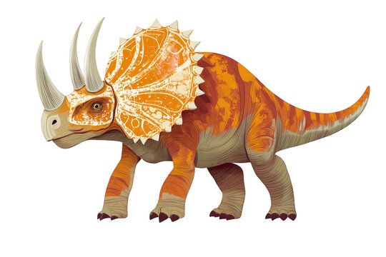An orange torosaurus with three horns isolated on transparent background, showcasing its distinctive frill and powerful build, a prehistoric herbivore from the late cretaceous period