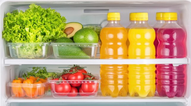 Fresh vegetables and juices in a fridge home kitchen food photography bright environment eye-level view healthy living - Powered by Adobe
