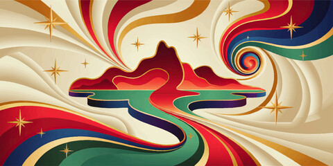 Obraz premium Vibrant Retro Abstract Landscape with Colorful Swirls, Starbursts, Mountains, and Cosmic River in Pop Art Style