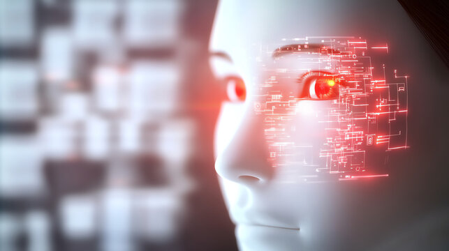 Close-up of a futuristic AI face, showcasing vibrant digital interfaces and glowing eyes, symbolizing advanced technology.