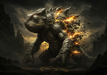 A monstrous chameleon-like creature stands amidst a desolate landscape, its body partially transforming into glowing rock and energy.