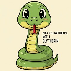 Fototapeta premium Cute cartoon green snake with big eyes and a red tongue sticking out, coiled up and smiling, with text that says im a sssweetheart, not a slytherin