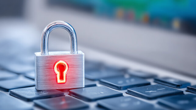 Close-up of a silver padlock with a glowing red keyhole on a laptop keyboard, symbolizing digital security and online protection.