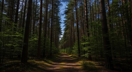 Sun-Dappled Path Through a Serene Pine Forest with Tall Trees and Filtering Sunlight on a Bright Day