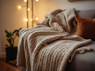 Chunky knit blanket draped over light sofa in modern living room, warm natural window light, cozy lifestyle scene for home decor marketing visuals.
