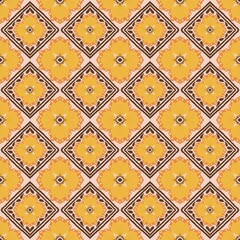 Retro Mustard Yellow Floral Tile Seamless Pattern, Vintage 70s Geometric Diamond Grid, Warm Autumn Earth Tones Textile and Wallpaper.