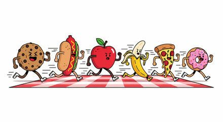 Naklejka premium Cartoon Food Characters Running on a Checkered Surface.