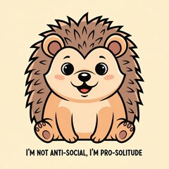 Cute cartoon hedgehog sitting and smiling with text that says im not antisocial, im prosolitude on a light yellow background, representing introversion and selfreliance