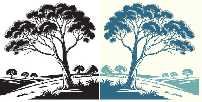 Stunning vector landscape with stylized trees evokes peace and tranquility in classic black and white or cool blue tones for creative design projects