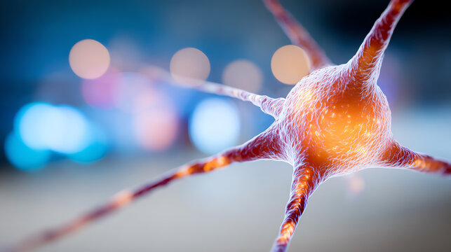 Close-up view of a neuron, showcasing its intricate structure and glowing connections in a blurred background.